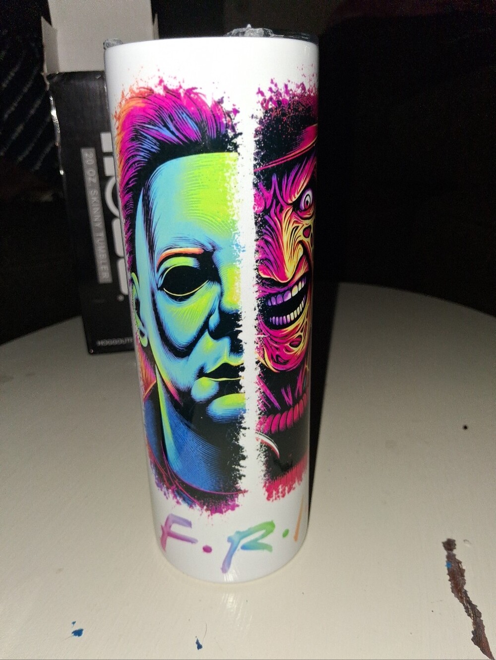 NIB Colorful Neon "F.R.I.E.N.D.S."Horror Split-Face Halloween Tumbler